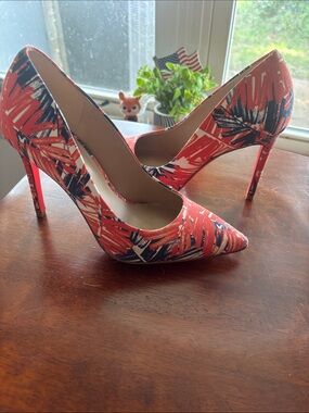 Orange Palm-Print Pointed Toe Stiletto Pumps